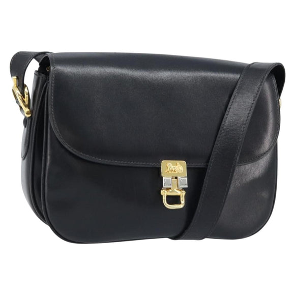 CELINE Horse Carriage Shoulder Bag Leather Black Gold Auth ka2957
