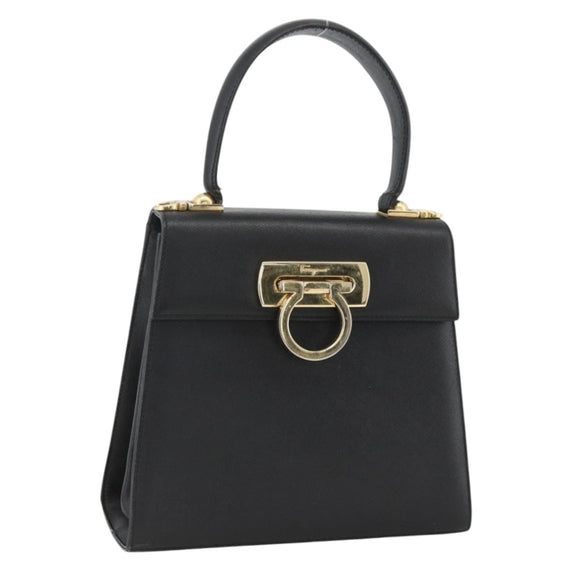 Salvatore Ferragamo Gancini Hand Bag Leather Black Gold Auth ka2959