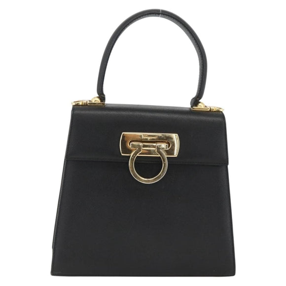 Salvatore Ferragamo Gancini Hand Bag Leather Black Gold Auth ka2959