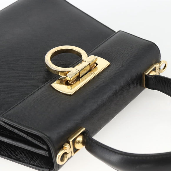 Salvatore Ferragamo Gancini Hand Bag Leather Black Gold Auth ka2959