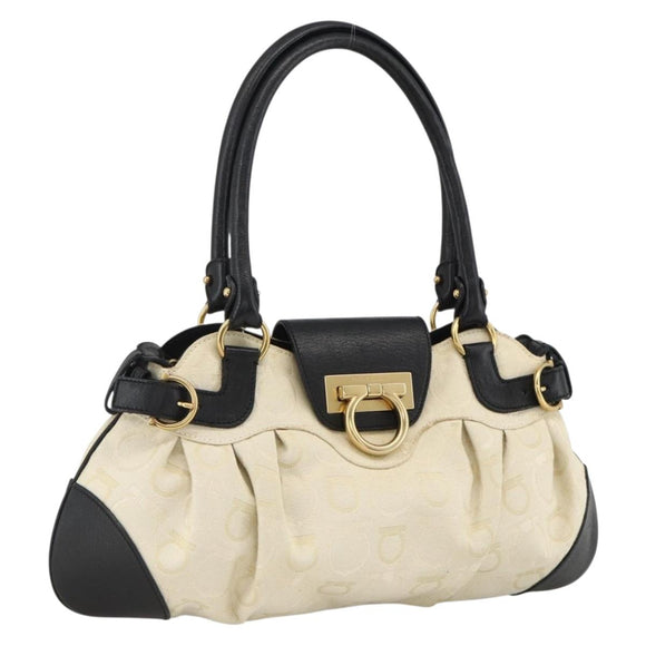 Salvatore Ferragamo Hand Bag Canvas Beige Black Auth ka2979