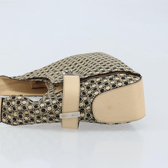 Salvatore Ferragamo Gancini Shoulder Bag Canvas Beige Silver Auth ka2988