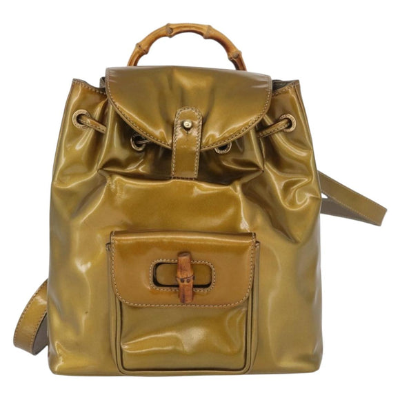 GUCCI Bamboo Backpack Patent leather Gold Tone 003 1705 0030 Auth ka2998