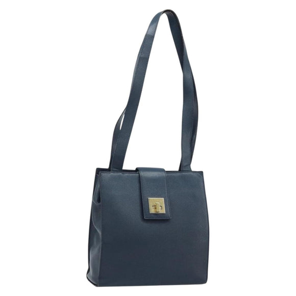CELINE Shoulder Bag Leather Navy Gold Auth ka3054