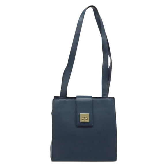 CELINE Shoulder Bag Leather Navy Gold Auth ka3054