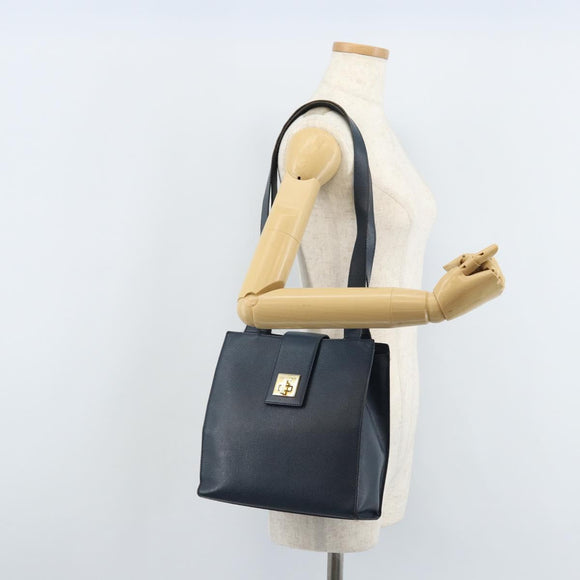 CELINE Shoulder Bag Leather Navy Gold Auth ka3054