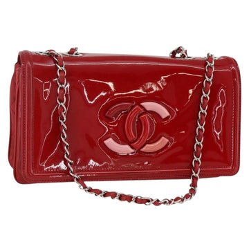 CHANEL Chain Shoulder Bag Patent leather Red Silver CC Auth ka3072V