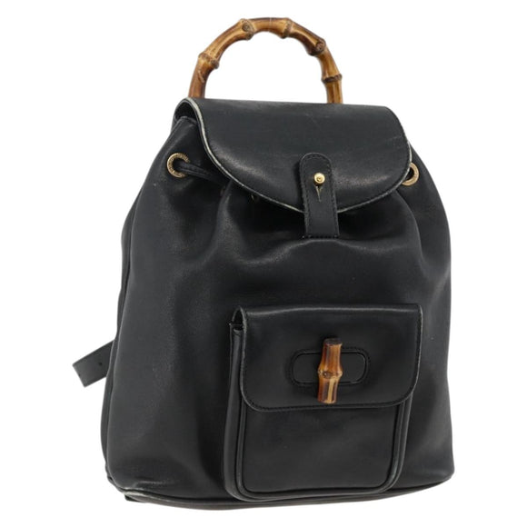 GUCCI Bamboo Backpack Leather Black Gold 003 2034 0030 Auth ka3090