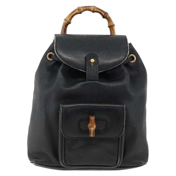 GUCCI Bamboo Backpack Leather Black Gold 003 2034 0030 Auth ka3090