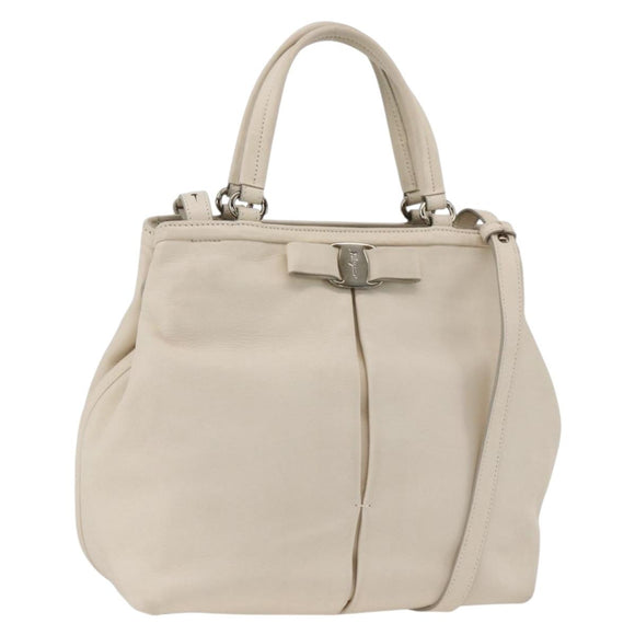 Salvatore Ferragamo Handtas Leer 2way Wit Zilver Auth ka3096A