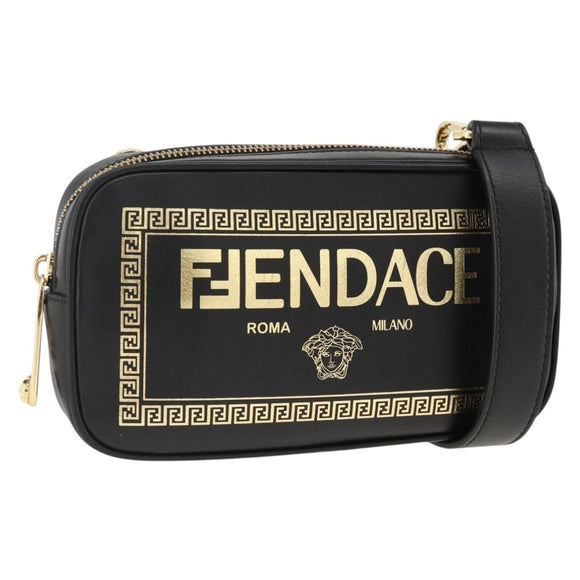FENDI Versace collaboration Shoulder Bag Leather Black Gold Auth ka3101V