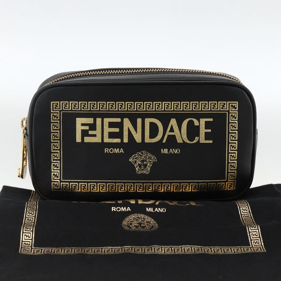 FENDI Versace collaboration Shoulder Bag Leather Black Gold Auth ka3101V
