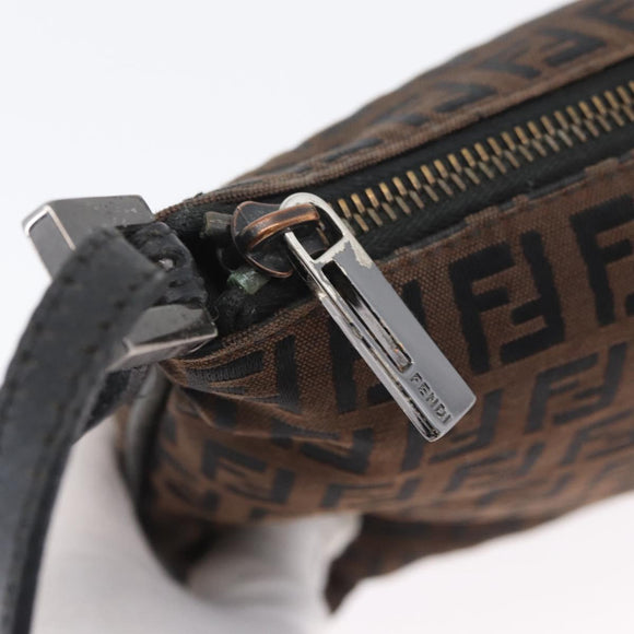 FENDI Zucchino Canvas Mamma Baguette Shoulder Bag Dark Brown Silver Auth ka3125
