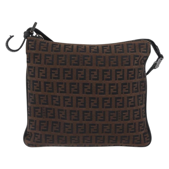 FENDI Zucchino Canvas Mamma Baguette Shoulder Bag Dark Brown Silver Auth ka3125