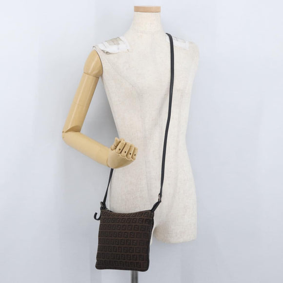 FENDI Zucchino Canvas Mamma Baguette Shoulder Bag Dark Brown Silver Auth ka3125