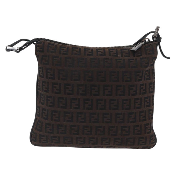 FENDI Zucchino Canvas Mamma Baguette Shoulder Bag Dark Brown Silver Auth ka3125
