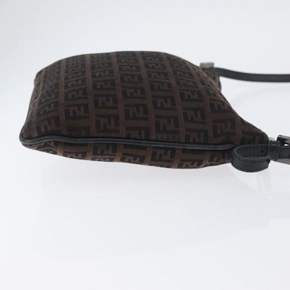 FENDI Zucchino Canvas Mamma Baguette Shoulder Bag Dark Brown Silver Auth ka3125