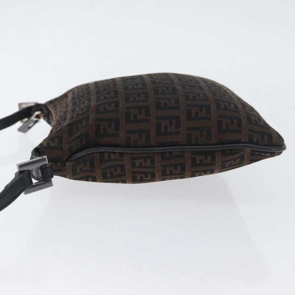 FENDI Zucchino Canvas Mamma Baguette Shoulder Bag Dark Brown Silver Auth ka3125