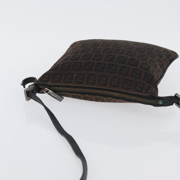 FENDI Zucchino Canvas Mamma Baguette Shoulder Bag Dark Brown Silver Auth ka3125