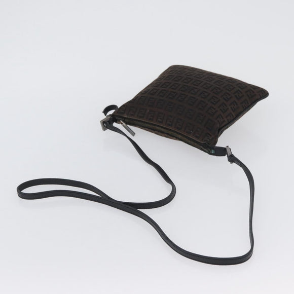 FENDI Zucchino Canvas Mamma Baguette Shoulder Bag Dark Brown Silver Auth ka3125