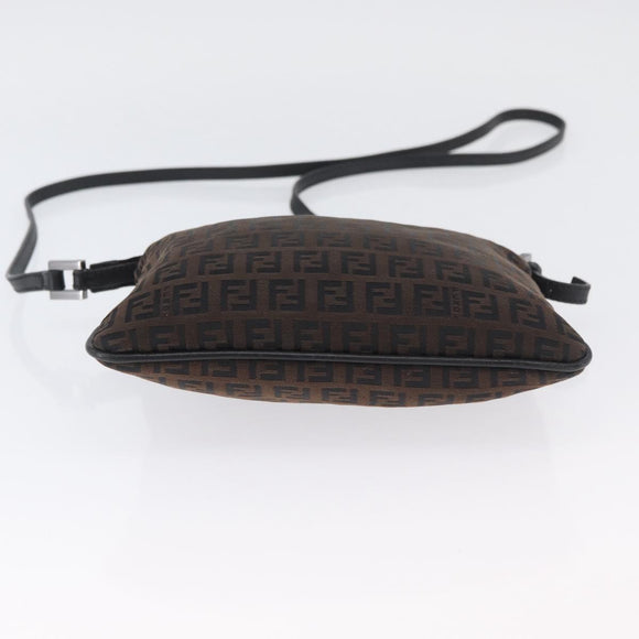 FENDI Zucchino Canvas Mamma Baguette Shoulder Bag Dark Brown Silver Auth ka3125