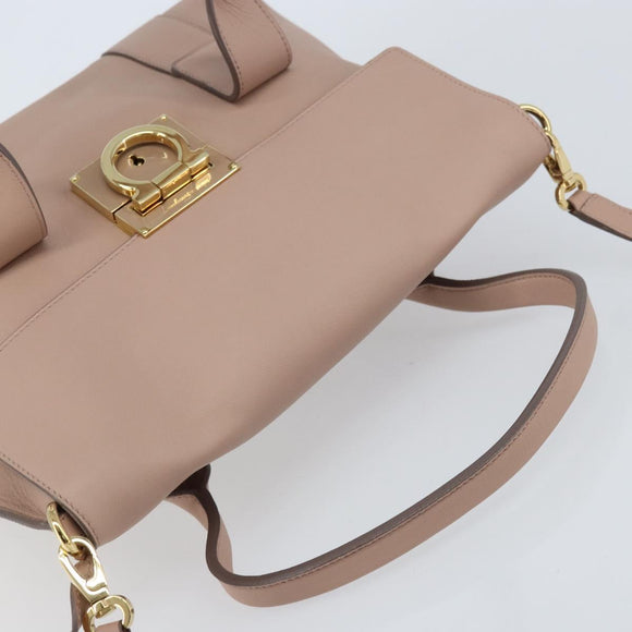 Salvatore Ferragamo Gancini Hand Bag Leather 2way Beige Gold Auth ka3143A