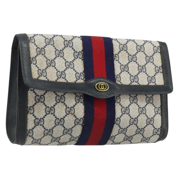 GUCCI GG Supreme Sherry Line Clutch Bag PVC Navy Gold Red 89 01 006 Auth ka3173