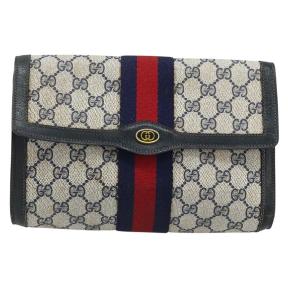 GUCCI GG Supreme Sherry Line Clutch Bag PVC Navy Gold Red 89 01 006 Auth ka3173