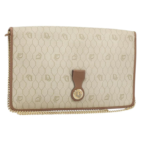 Christian Dior Honeycomb Canvas Chain Shoulder Bag PVC Beige Gold Auth ka3175