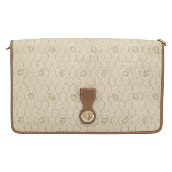 Christian Dior Honeycomb Canvas Chain Shoulder Bag PVC Beige Gold Auth ka3175