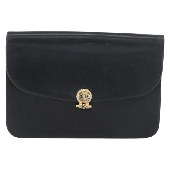 Christian Dior Chain Shoulder Bag Leather Black Gold Auth ka3196