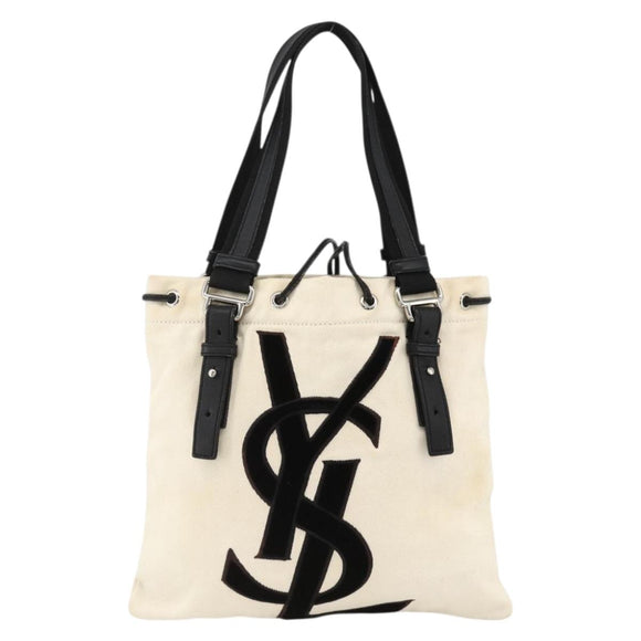 SAINT LAURENT Kahala Draagtas Canvas Wit Zilver 123435 Auth ka3245