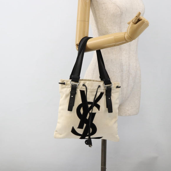 SAINT LAURENT Kahala Draagtas Canvas Wit Zilver 123435 Auth ka3245