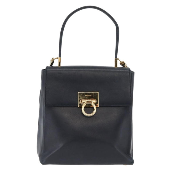 Salvatore Ferragamo Gancini Hand Bag Leather 2way Navy Gold Auth ka3255
