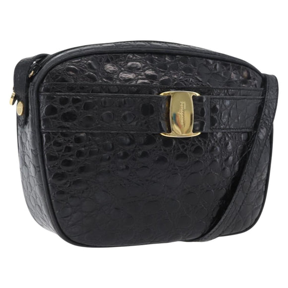 Salvatore Ferragamo Vala Shoulder Bag Leather Black Gold Auth ka3259