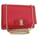Salvatore Ferragamo Vara Ribbon Chain Shoulder Bag Leather Red Gold Auth ka3265A-1