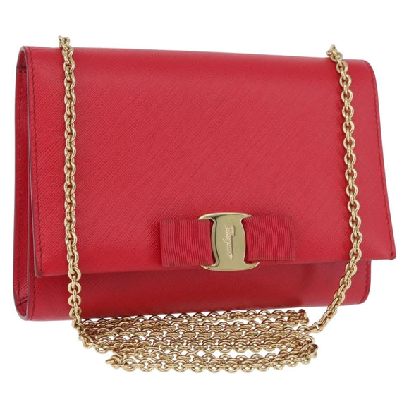 Salvatore Ferragamo Vara Ribbon Chain Shoulder Bag Leather Red Gold Auth ka3265A