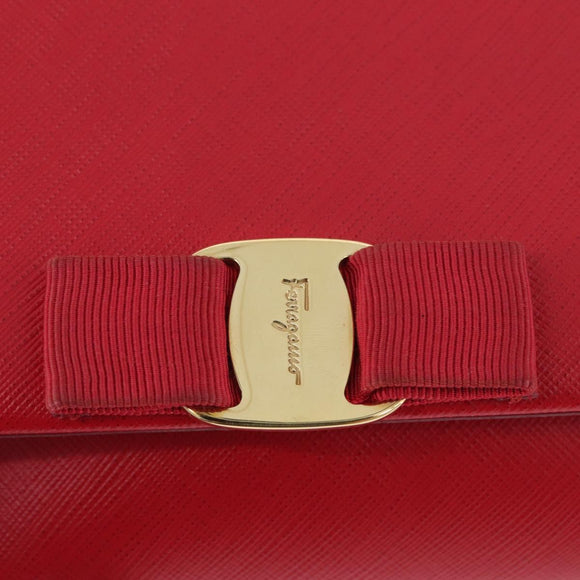 Salvatore Ferragamo Vara Ribbon Chain Shoulder Bag Leather Red Gold Auth ka3265A