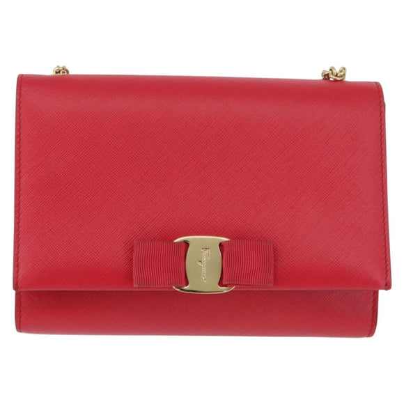 Salvatore Ferragamo Vara Ribbon Chain Shoulder Bag Leather Red Gold Auth ka3265A