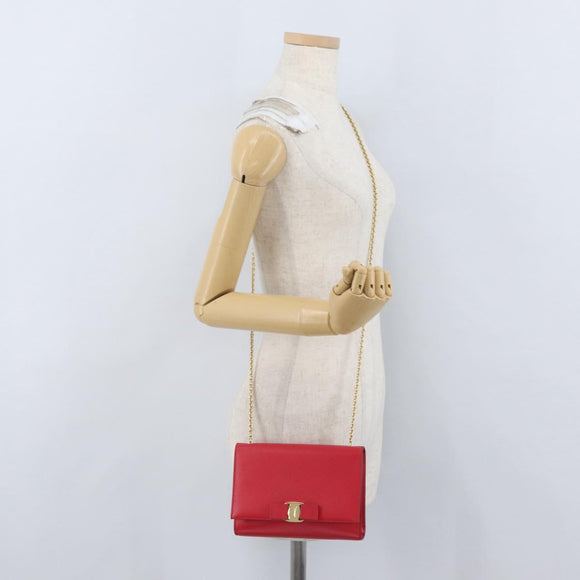 Salvatore Ferragamo Vara Ribbon Chain Shoulder Bag Leather Red Gold Auth ka3265A