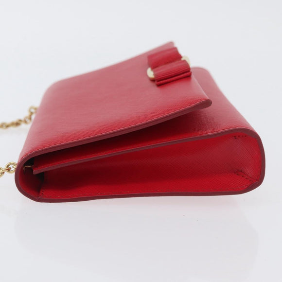 Salvatore Ferragamo Vara Ribbon Chain Shoulder Bag Leather Red Gold Auth ka3265A