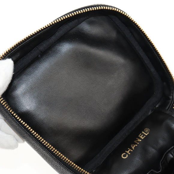 CHANEL COCO Mark Vanity Hand Bag Caviar Skin Black Gold CC Auth ka329V