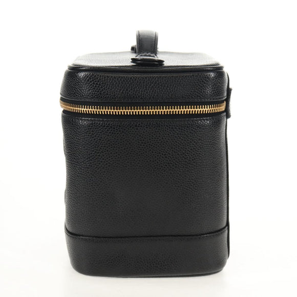 CHANEL COCO Mark Vanity Hand Bag Caviar Skin Black Gold CC Auth ka329V