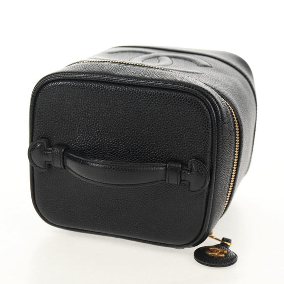 CHANEL COCO Mark Vanity Hand Bag Caviar Skin Black Gold CC Auth ka329V