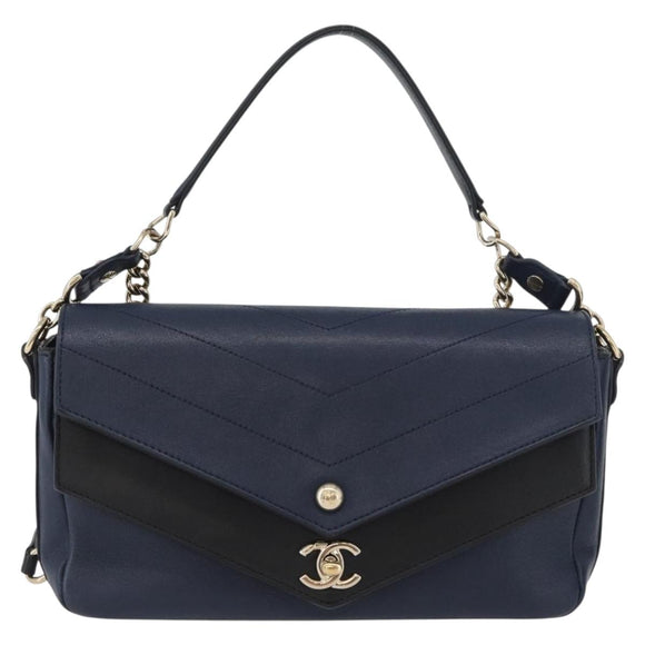 CHANEL V Stitch Chain Shoulder Bag Leather Gold Navy CC Auth ka3335SAM