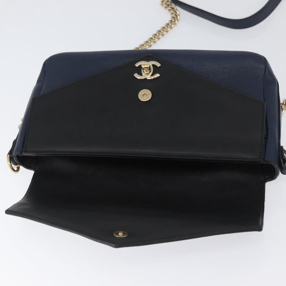 CHANEL V Stitch Chain Shoulder Bag Leather Gold Navy CC Auth ka3335SAM