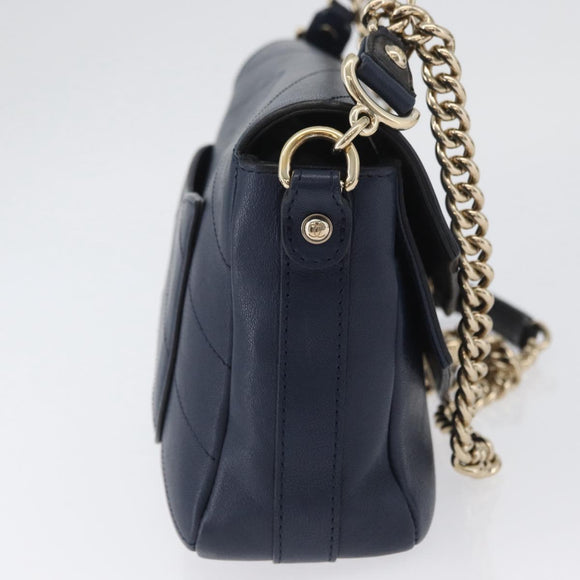 CHANEL V Stitch Chain Shoulder Bag Leather Gold Navy CC Auth ka3335SAM