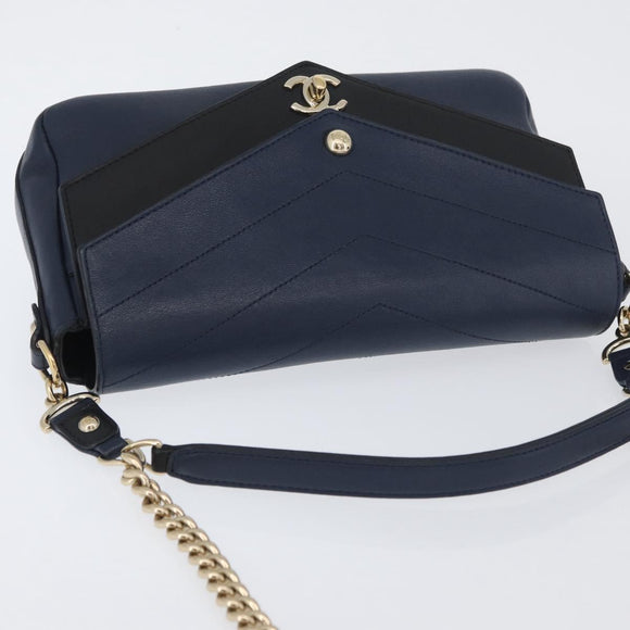 CHANEL V Stitch Chain Shoulder Bag Leather Gold Navy CC Auth ka3335SAM
