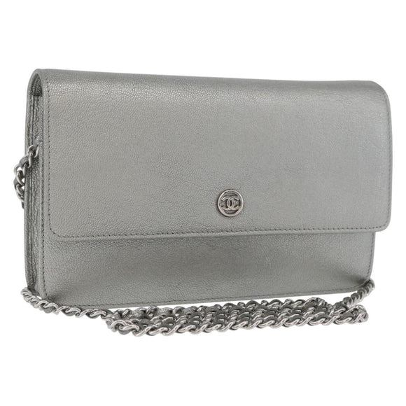 CHANEL Chain Wallet Shoulder Bag Leather Silver CC Auth ka3340SAV