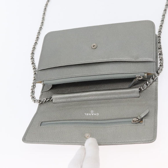 CHANEL Chain Wallet Shoulder Bag Leather Silver CC Auth ka3340SAV